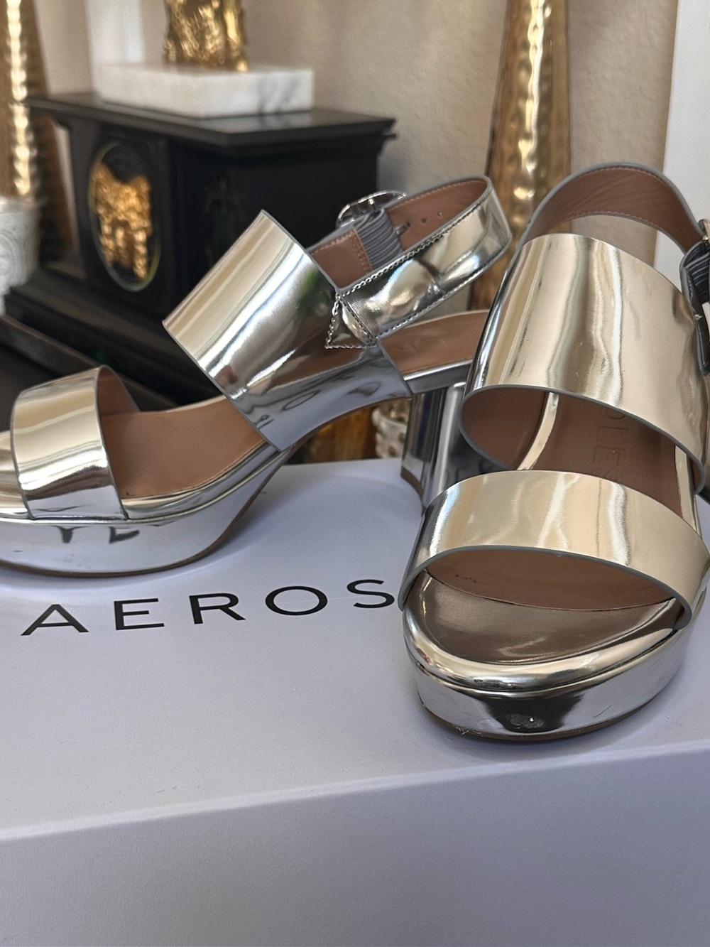 AEROSOLES Metallic SILVER Wide-Strap Slingback Platform Sandals.  Worn once 8.5
